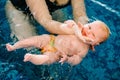 Young mother, happy little girl in the pool. Teaches infant child to swim. Enjoy the first day of swimming in water. Mom holds Royalty Free Stock Photo