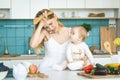 Young mother with her baby daughter in a modern kitchen. Young attractive cook woman desperate in stress, tired Royalty Free Stock Photo