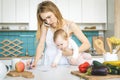 Young mother with her baby daughter in a modern kitchen setting. Young attractive cook woman desperate in stress Royalty Free Stock Photo