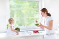 Young mother and her cute toddler daughter cooking