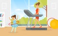 Young Mother and Her Daughter Doing Physical Exercise on Treadmill and with Hula Hoop Vector Illustration