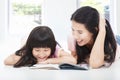 Young mother and her daughter reading book