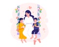 Young Mother with her daughter and son sitting on a swing decorated with flowers. Mother and her children embrace sitting on a