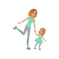 Young mother and her little daughter skating on rollers. Family sport. Active lifestyle. Mom and child having fun