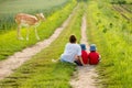 Young mother with her two children watching young foe Royalty Free Stock Photo