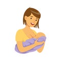Young mother holding baby in her hands while breastfeeding it with breast milk, colorful vector Illustration Royalty Free Stock Photo
