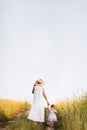 young mother is holding her child& x27;s daughter hand and walking in green meadow on a summer sunny day. Family Royalty Free Stock Photo