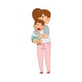 Young Mother Holding Her Crying Baby Boy with Arms and Hugging Him Vector Illustration Royalty Free Stock Photo