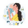 Young mother holding her little baby. Vector illustration with cute characters. It is a boy design concept. Royalty Free Stock Photo