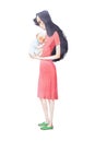 Young mother holding her sleeping newborn baby hand drawn with watercolor