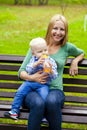 Young mother holds on hands of his two year old son Royalty Free Stock Photo