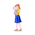 A young mother holds a small boy baby in her arms. Watercolor illustration. Royalty Free Stock Photo