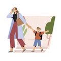 Young mother hurrying to office walking her child to school or kindergarten, talking on the phone while her son Royalty Free Stock Photo