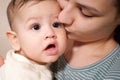 Young mother, kissing her baby boy at home. Family concept. Closeup portrait of loving mother young woman kissing little Royalty Free Stock Photo