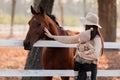 Young mother and little baby girl near a horses in autumn sunny day. Mother stroking a horse and smiling. mother`s day Royalty Free Stock Photo