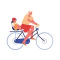 Young Mother and Little Baby Riding Bicycle, Child Wearing Helmet Sitting on Trunk. Happy Family Spare Time