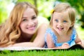 Young mother with little daughter reading book in park Royalty Free Stock Photo