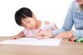 Young mother or preschool teacher teaching little girl to draw Royalty Free Stock Photo