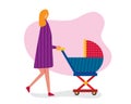 Young mother pushing baby stroller vector illustration in flat style Royalty Free Stock Photo