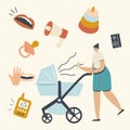 Young Mother Pushing Pram with Newborn Baby Screaming and Crying inside. Mom Holding Feeding Bottle. Parenting Lifestyle Royalty Free Stock Photo