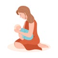 Young Mother Sitting on Her Knees with Her Newborn Wrapped in Baby Linen Vector Illustration