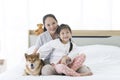 Young mother and small daughter playing with Shiba inu dog. Happy mother holding her child with dog on bedroom Royalty Free Stock Photo