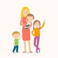 Young mother standing with her three children. Happy family. Cartoon vector eps 10 illustration isolated on white