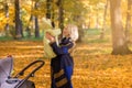 A young mother with a stroller is talking on her mobile phone while walking in the park Royalty Free Stock Photo