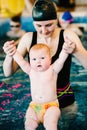 Young mother, swimming instructor and happy little girl in the pool. Teaches infant child to swim. Enjoy the first day of swimming Royalty Free Stock Photo