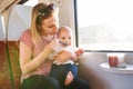 Young mother travelling with baby by train. Royalty Free Stock Photo