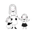 Young mother and two daughters. Cute cartoon sisters. Happy family. Kindergarten teacher