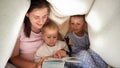 Young mother with two sons reading fairy tale book with flashlight under blanket at night. Family having time together, parenting Royalty Free Stock Photo