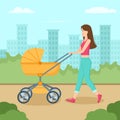 Young mother walking with baby carriage in park. Woman with stroller, vector illustration Royalty Free Stock Photo