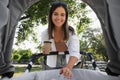 Young mother walking with her baby at park, view from stroller Royalty Free Stock Photo