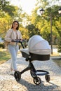 Young mother walking with her baby in stroller at park on sunny day Royalty Free Stock Photo