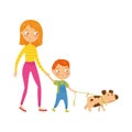 Young mother walking with her cute son and little puppy. Cartoon character of woman, boy and dog. Daily routine. Family Royalty Free Stock Photo