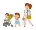 Young Mother Walking with Her Daughter Pushing Baby Buggy with Her Little Brother as Family Relations Vector Royalty Free Stock Photo