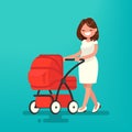 Young mother walking with a newborn that is in the pram. Vector