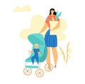 Young Mother Walking in the Park with Son. Woman with Baby Stroller and Kid. Mom with Child and Shopping Bag Royalty Free Stock Photo