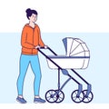 Young mother walks with baby carriage vector illustration. Healthy lifestyle and rest on nature. Isolated cartoon characters on a