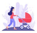 A young mother walks with a newborn who is in a red stroller. Vector flat design illustration for landing pages and magazine