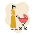 A young mother walks with a stroller. Vector illustration in a flat style isolated on a white background, icon Royalty Free Stock Photo