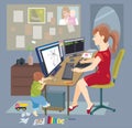 Young mother, woman working from home, freelancer