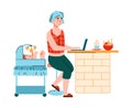 Young mother working remotely at home, flat cartoon vector cartoon illustration. Royalty Free Stock Photo