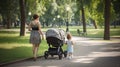 Young mothers in the park walking with strollers, Generative AI