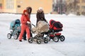 Young mothers are walking with strollers on a winter day