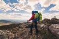 Young mountaineer standing with backpack on top of a mountain Royalty Free Stock Photo