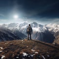 young mountaineer standing on top of mountain looking at view Royalty Free Stock Photo