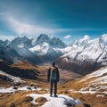 young mountaineer standing on top of mountain looking at view Royalty Free Stock Photo