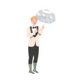 Young Moustached Bridegroom as Newlywed or Just Married Male Standing in Suit and Rubber Boots Under Umbrella Vector